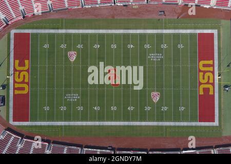 An aerial view of the Southern California Trojans and Pac-12 Conference logos on the Los Angeles Memorial Coliseum football field, Friday, Sept. 24, 2 Stock Photo