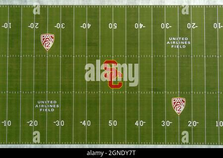 An aerial view of the Southern California Trojans and Pac-12 Conference logos on the Los Angeles Memorial Coliseum football field, Friday, Sept. 24, 2 Stock Photo