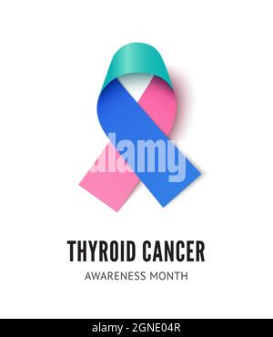 Thyroid cancer awareness ribbon vector illustration isolated on white background. Realistic vector purple, teak and pink silk ribbon with loop Stock Vector