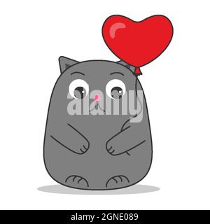 Cat cute gray with a heart balloon on a rope in his paws with a happy muzzle in a cartoon style. A parody of the movie It. Children baby funny card. Happy birthday, party concept, celebration. Vector Stock Vector