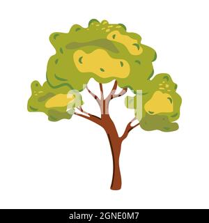 Tree in a flat style. Cartoon tree with green crown and brown trunk isolated on white background. Modern abstract icon with colorful tree flat style Stock Vector