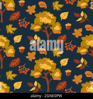 Autumn orange and yellow leaves and autumn trees on a dark background seamless pattern. Autumn background.Abstract art leaf background vector.Red Stock Vector