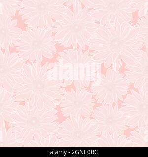 Vector floral seamless pattern of chamomile flowers in light pink pastel colors with white outline. Decorative print for wallpaper, wrapping, textile, fashion fabric or other printable covers. Stock Vector
