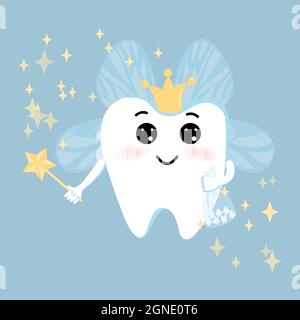 Cute cartoon tooth fairy with a magic wand on a blue background. Blue, yellow, white color. Tooth fairy for concept design. Stock Vector