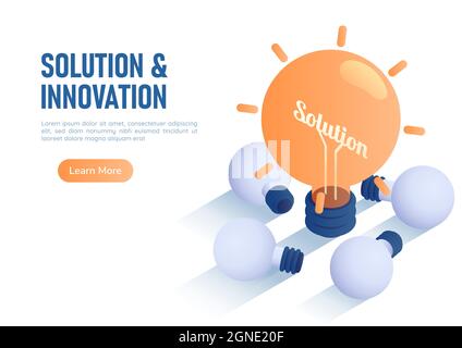3d Isometric Web Banner Illuminated Light Bulb Among Laying Broken Bulb. Innovation and Solution Concept. Stock Vector