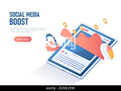 3d Isometric Web Banner Digital Tablet with Social Media Boost Post Advertising Graph. Digital Marketing and Social Media Strategy Concept. Stock Vector