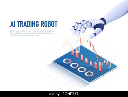 3d Isometric Web Banner AI Artificial Intelligence Hand Contoling Stock Market Graph and Chart. AI Artificial Intelligence Analysis Technology and Mac Stock Vector