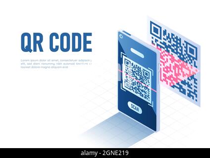 3d Isometric Web Banner Smartphone with a Scaner Scanning QR Code. Qr Code Verification Technology Concept. Stock Vector