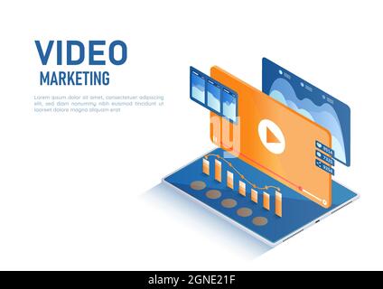 3d Isometric Web Banner Video with Play Button and Data Analysis on Tablet. Video Marketing Concept Stock Vector