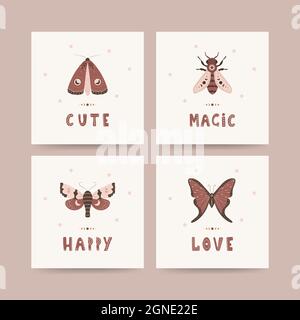 Boho posters collection. Insects with celestial elements. Scandinavian design for children wallpaper and home decor. Cute pastel vector illustration Stock Vector