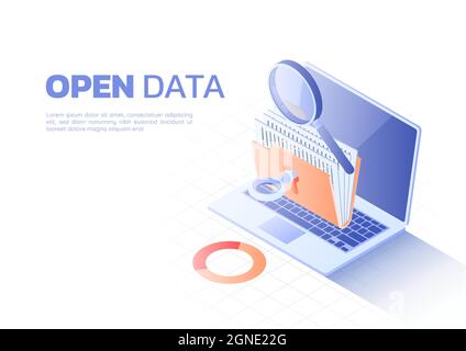 3d Isometric Web Banner Key Unlocked Folder with File and Magnifier on Laptop Monitor. Open Data and Data Analysis Concept. Stock Vector