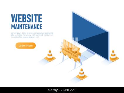 3d Isometric Web Banner PC Monitor with Under Construction Barrier and Traffic Cones. Website Under Maintenance Concept. Stock Vector