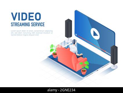 3d Isometric Web Banner Man Watching Online Video Streaming on Digital Tablet. Video Streaming Service Concept. Stock Vector