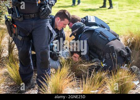 Melbourne, Australia. 25th Sep, 2021. 25th September 2021, Melbourne, Australia. A man is arrested at an attempted 'Millions March' rally in St Kilda. Credit: Jay Kogler/Alamy Live News Credit: Jay Kogler/Alamy Live News
