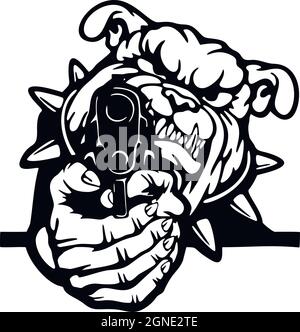 Angry English Bulldog - bad dog with gun - vector stencil. Head of dog with Gun isolated on white Stock Vector