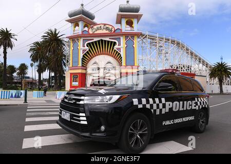 Melbourne, Australia, 25 September, 2021. Public Order vehicle outside of Luna Park just before the 'Millions March for Freedom' rally in St Kilda. As Melbourne becomes the longest lockdown city in the world and faces another day of planned protests and police action over pandemic responses including lockdowns and mandatory vaccinations, imposed on the city to counter the spread of the Delta variant of COVID-19. Credit: Michael Currie/Speed Media/Alamy Live News Stock Photo