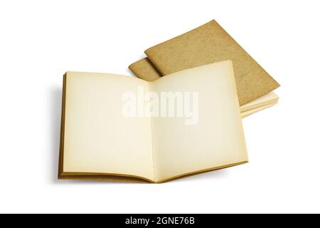 Three Old Note Books on White Background Stock Photo