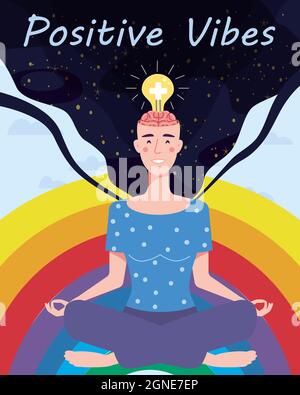 Girl Think Positive with an open brain opens idea, bulb, Open brain, relax mental calm mind, releasing stress. Yoga girl. Solution to a problem Stock Vector