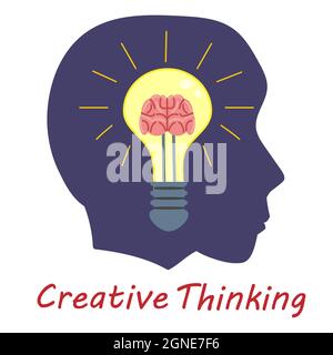 Light Bulb Creative Thinking Logo symbol brain inside. Head man, creative idea, mind, solution, creativity. Vector illustration flat isolated Stock Vector