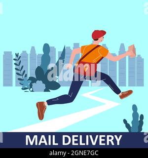 Mail delivery Postman running with bag delivering letter in envelope. Mailman in cap carrying mail, delivery service. Vector illustration Stock Vector