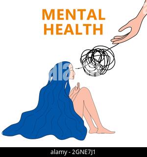 Woman with psychlogical problems in depression lying hugging knees with blue hair. Hand helps sad girl, mental health psychological help concept Stock Vector