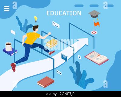 Concept Young man runs along the directional arrow overcoming obstacles, barriers on the way to the finish line getting education graduation cap Stock Vector