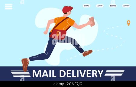 Mail delivery Postman running with bag delivering letter in envelope. Mailman in cap carrying mail, delivery service concept. Vector illustration Stock Vector