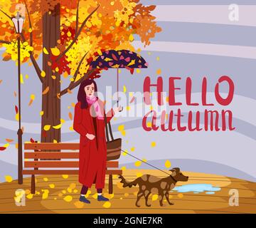 Young woman with dog and umbrella in the autumn park city, trendy clothes street fashionable style outwear female, fall mood. Lettering Hello Autumn Stock Vector
