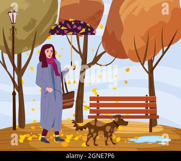 Young fashion woman with dog and umbrella in the autumn park city, trendy clothes street fashionable style outwear female, fall, rain, mood. Trendy Stock Vector
