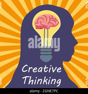 Light Bulb Creative Thinking Logo symbol brain inside. Head woman, creative idea, mind, solution, creativity. Vector illustration flat isolated Stock Vector