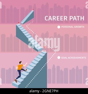 Young man running up stairway to target Career Path. Cuccessful choice employeeman move up path success. Vector illustration Stock Vector