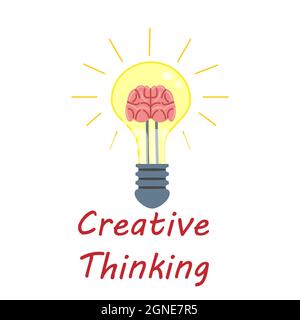 Light Bulb Creative Thinking Logo symbol brain inside. Creative idea, mind, solution, creativity. Vector illustration flat isolated Stock Vector