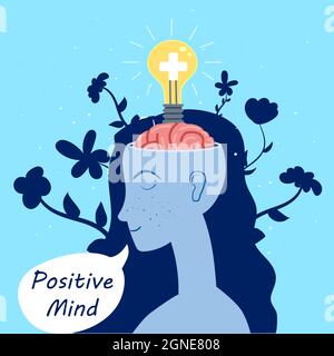 Positive Mind Girl with an open brain opens idea, bulb, a solution to a problem, mind wellness, relax. Positive thinking, creative ideathought process Stock Vector