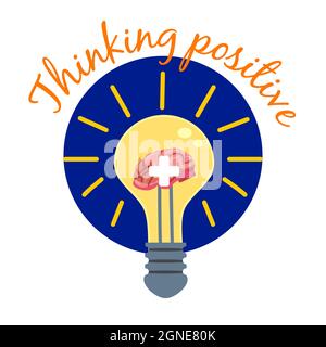 Light bulb with human brain plus symbol logo. Positive thinking, creative idea, mind, solution concept. Vector illustration cartoon flat Stock Vector