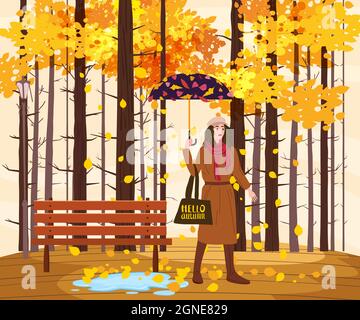 Young fashion woman with umbrella in the autumn park city, trendy clothes street fashionable style outwear female, fall, rain, mood. Trendy vector Stock Vector