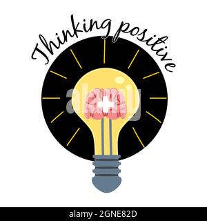 Light bulb with human brain plus symbol logo. Positive thinking, creative idea, mind, solution concept. Vector illustration cartoon flat Stock Vector