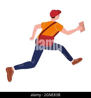 Postman running with bag delivering letter in envelope. Mailman in cap carrying mail, delivery service. Vector illustration Stock Vector