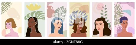 Set Woman portraites minimal abstract contemporary style. Female faces flora leaves shapes vase silhouette background trendy modern art concept Stock Vector