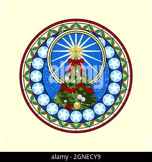 Beautiful Christmas pattern mosaic medallion with decorated pine tree and bright big star on top in vector illustration for xmas celebration Stock Vector