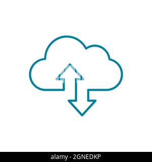 Cloud computing blue line icon. Cloud with two arrows. Online data backup concept. Cloud upload and download symbol. Internet storage services. Vector Stock Vector