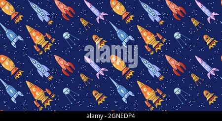 Seamless space texture with spaceships and stars on a dark background. Vector pattern with cartoon contour space shuttle flying up to the left. Wallpa Stock Vector