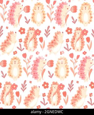 Seamless delicate pattern with cute dancing hedgehogs with flowers and folk decoration on white background. Gentle vector texture with animals and flo Stock Vector