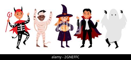 Halloween characters of little kids in festive costumes of mummy, witch, pumpkin, ghost. Vector illustration set of diverse characters in halloween ou Stock Vector