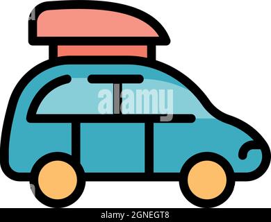 Winter Skiing holiday trip to mountains. Cute small car with ski and  snowboard, backpack and suitcase on the roof. Vector illustration. Stock  Vector