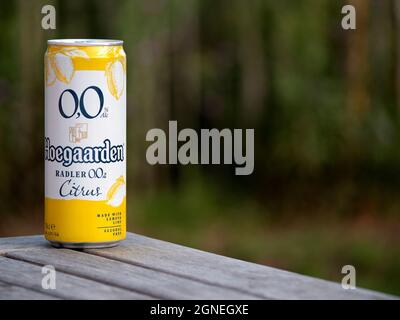 Hoegaarden, Belgium, September 25, 2021, The beer brand Hoegaarden Radler with citrus fruits with 0.0 percent alcohol, Alcohol-free, brewed in brewery Stock Photo