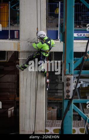 Bucharest, Romania - September 23, 2021: Construction worker on a construction site in Bucharest. Stock Photo