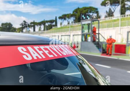 Vallelunga, italy september 19th 2021 Aci racing weekend. Safety car text sign  on Mini Cooper windshield. selective focus Stock Photo