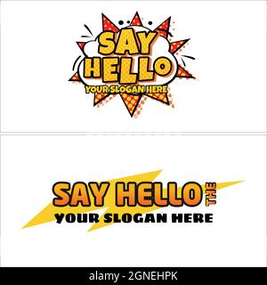 Comic explosion say hello bubble logo design Stock Vector