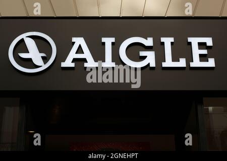 Lyon, France - September 5, Aigle logo on wall. Aigle is a French footwear and textile company founded in 1853 Stock Photo - Alamy