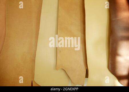 Genuine leathers of various colors for shoe making. Stock Photo